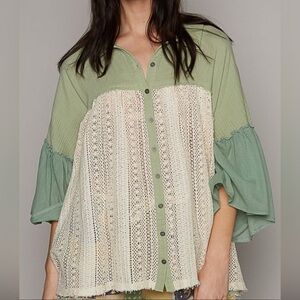 POL Green & Cream Oversize Short Sleeve Crochet Contrast Woven Button Down Top